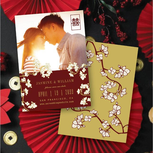 Save The Date Fleurs de fleurs de prune/brune Double Xi Photo Ch (Burgundy Red/Gold/Ivory White Peach/Plum Blossom Flowers Chinese Wedding Photo Save The Date Card)