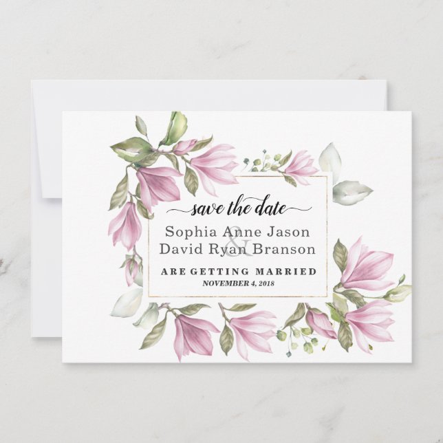 Save The Date Fleurs de magnolia rose charme Calligraphie de mar (Devant)