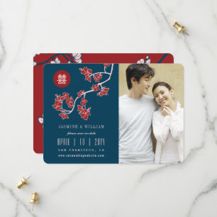 Save The Date Fleurs de pêcher rouges Chinoises Double Bonheur P