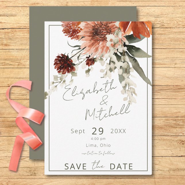 Save The Date Fleurs de rouille en terre cuite rustique Mariage  (Rustic Terracotta Rust Flowers Green Wedding Save The Date)