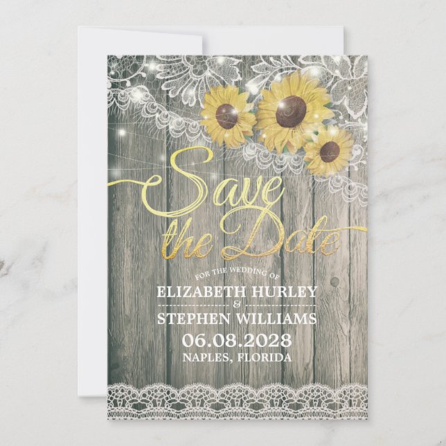 Save The Date Fleurs de soleil en bois rustique Mariage dentelle (Devant)