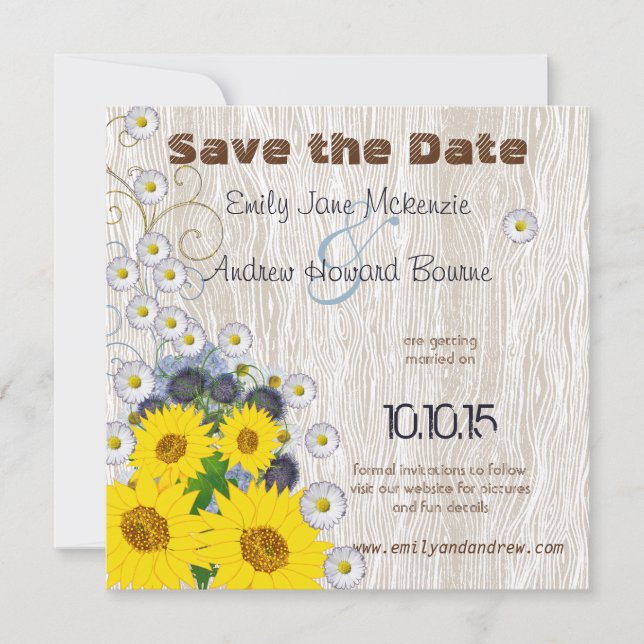 Save The Date Fleurs de soleil et marguerites Grain de bois Écon (Devant)
