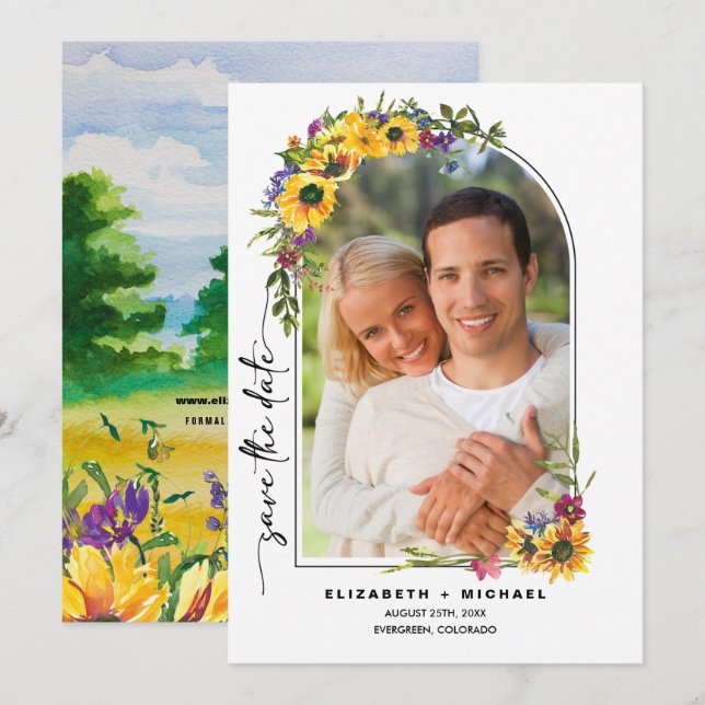 Save The Date Fleurs de soleil | Wild Meadow Summer Mariage Phot (Devant / Derrière)