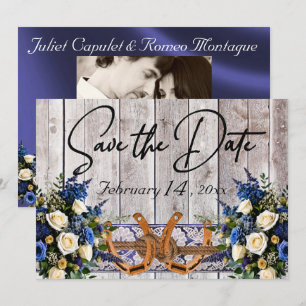 Save The Date Fleurs, Dentelle & Fers à Cheval Ruban Bleu de Mar