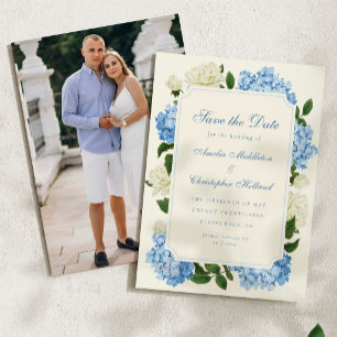 Save The Date Fleurs d'hortensia bleues et mariage de jardin de