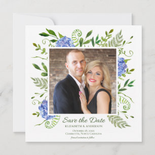 Save The Date Fleurs d'hortensia bleues Photo Aquarelle