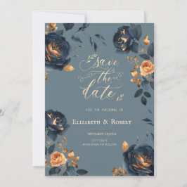 Save The Date Fleurs d'or bleu marine Dusty Bleu Enregistrer la 