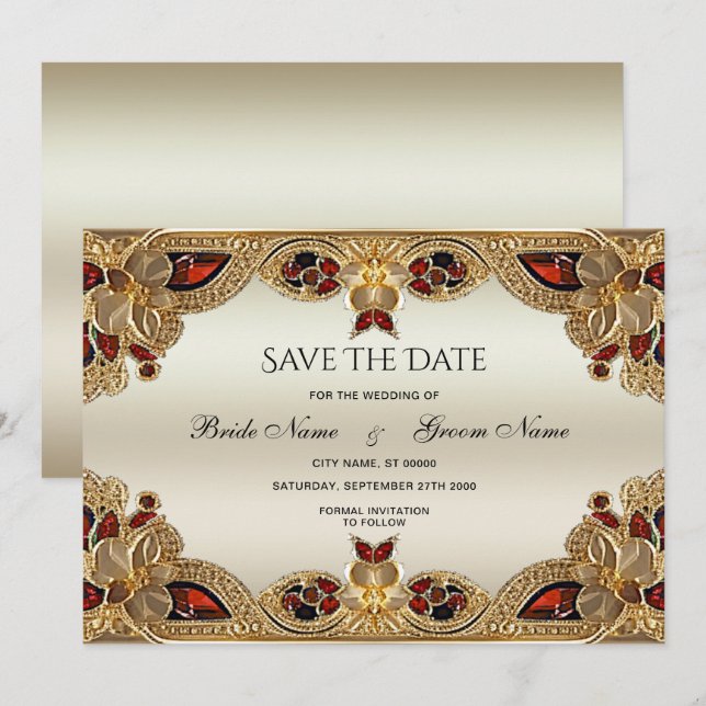 Save The Date Fleurs D'Or Gemstone Rouge Splendor Enregistrer La (Devant / Derrière)