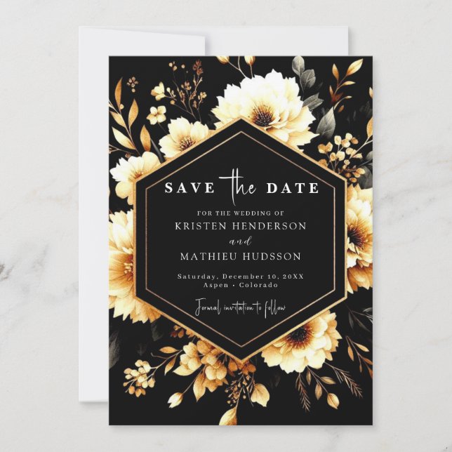 Save The Date Fleurs élégantes Mariage or et noir (Devant)