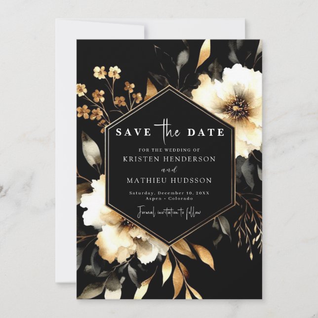 Save The Date Fleurs élégantes Mariage or et noir (Devant)