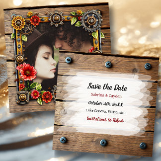 Save The Date Fleurs en métal rouge Steampunk Mariage personnali