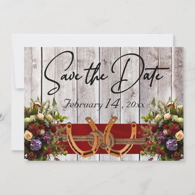 Save The Date Fleurs et fer à cheval Mariage de ruban rouge (Devant)