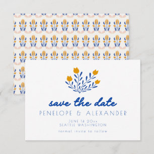 Save The Date Fleurs folk Scandi en Mariage bleu et jaune