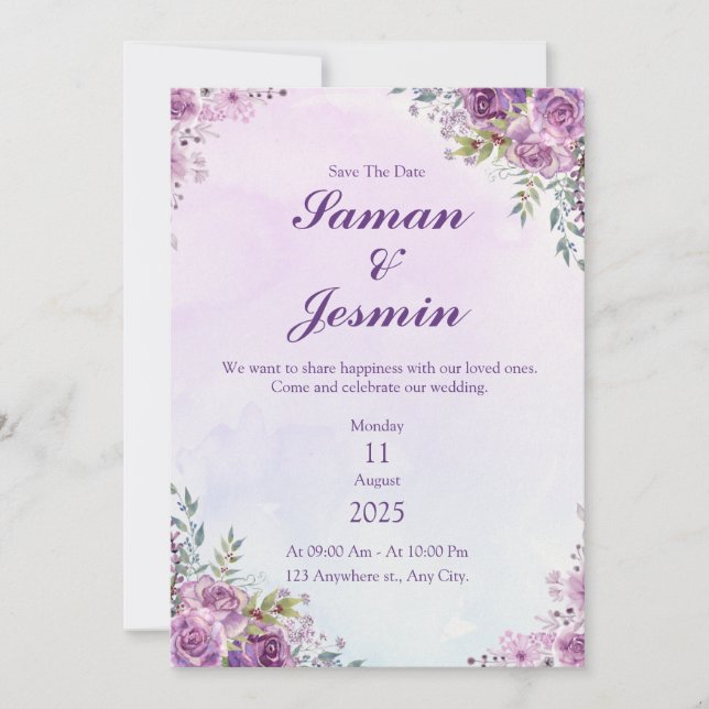 Save The Date fleurs géométriques rose violet (Devant)