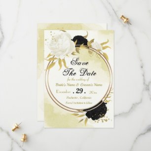 Save The Date fleurs noires et blanches feuilles dorées