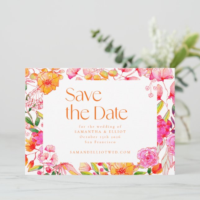 Save The Date Fleurs orange rose moderne Mariage simple (Debout devant)