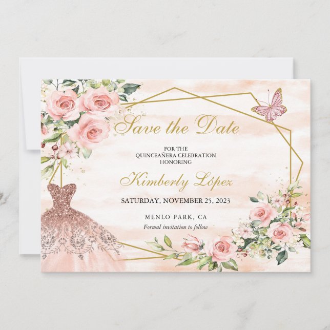 Save The Date Fleurs roses blush pour Sauvegarder la Date (Devant)
