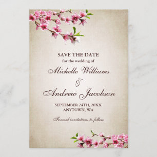 Save The Date Fleurs roses de cerisiers Tan Wedding Enregistrer