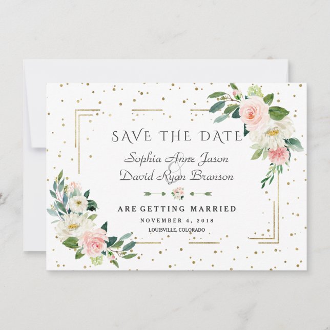Save The Date Fleurs roses de luxe Cadre doré Confettis Mariage (Devant)