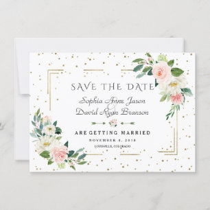 Save The Date Fleurs Roses de Luxe Cadre Doré Confettis Mariage