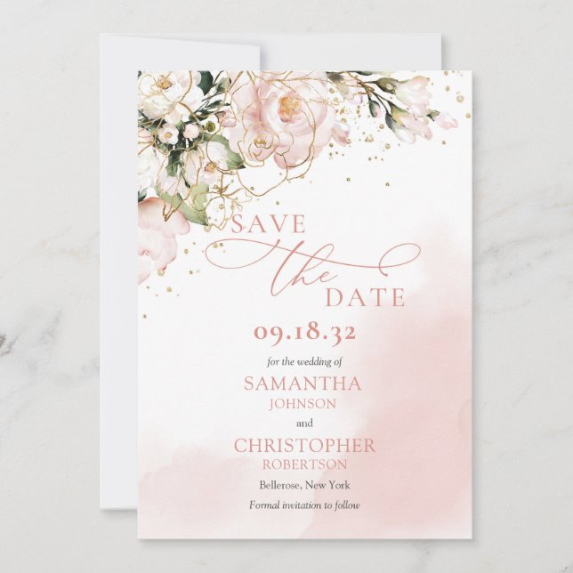 Save The Date Fleurs roses délicates boho arch pampas eucalyptus (Devant)