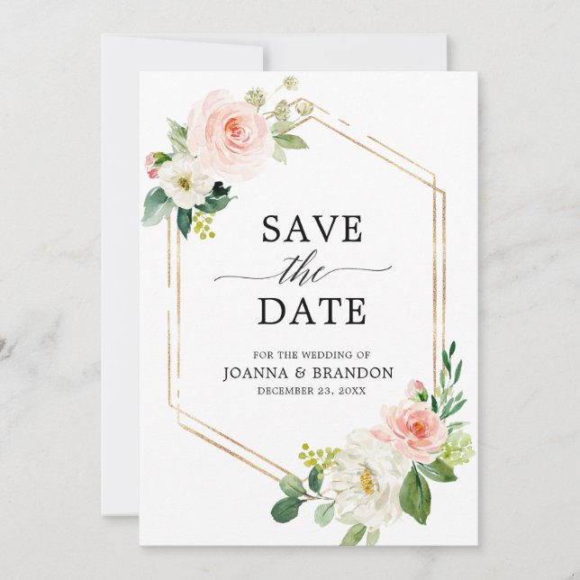 Save The Date Fleurs roses en rose avec cadre géométrique modern (Devant)
