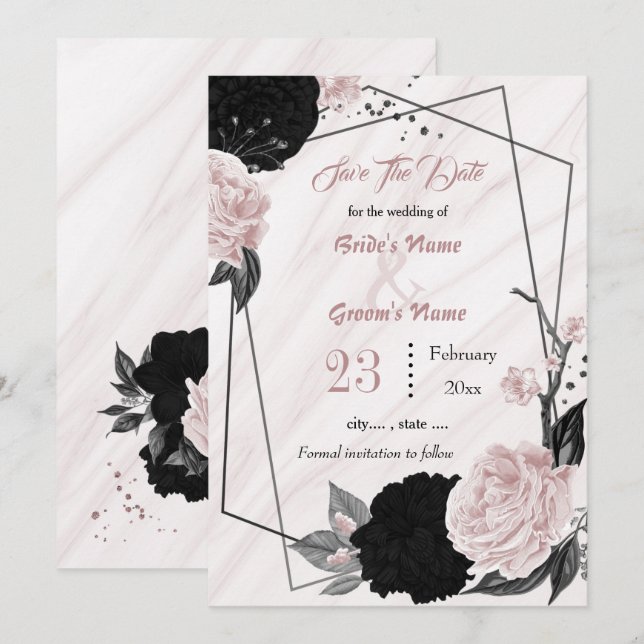 Save The Date fleurs roses noires gris feuille botanique géométr (Devant / Derrière)
