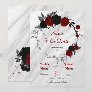 Save The Date fleurs rouges noires gris feuille couronne botaniq