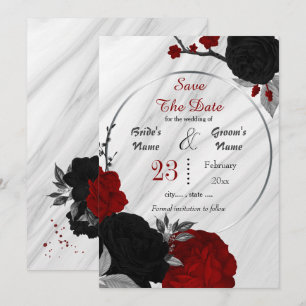 Save The Date fleurs rouges noires gris feuille marbre géométriq