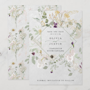 Save The Date Fleurs sauvages bruyants   Gris clair géométrique