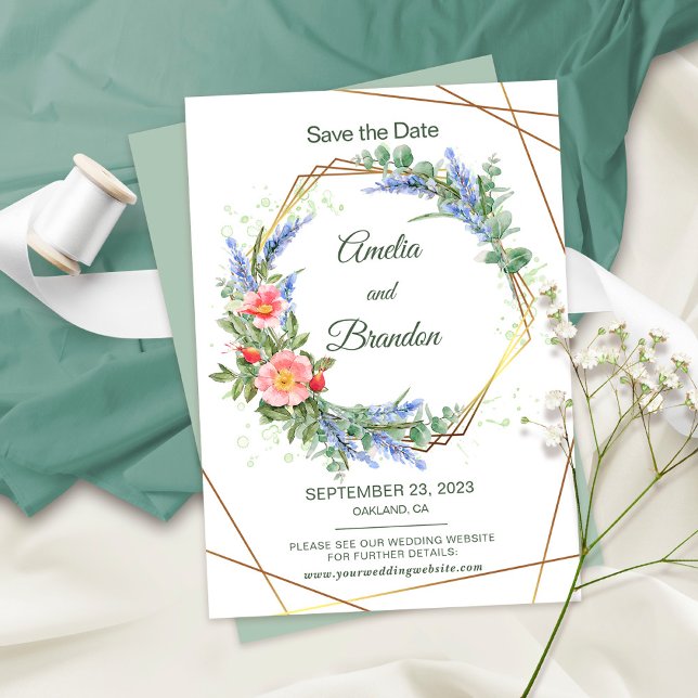 Save The Date Fleurs sauvages Cadre en feuille d'or Faux Mariage (Créateur téléchargé)
