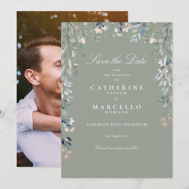 Save The Date Fleurs sauvages de Sage Green Mariage de photos fl (Devant / Derrière)