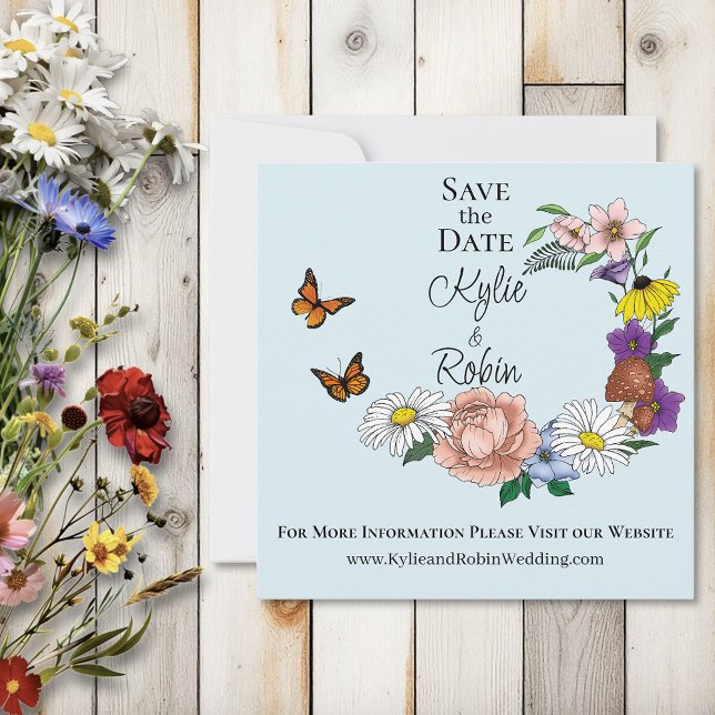 Save The Date Fleurs sauvages Floral Blue Champhrooms Mariage (Créateur téléchargé)