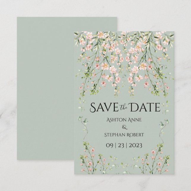Save The Date Fleurs sauvages rose carmin Mariage vert sauge (Devant / Derrière)