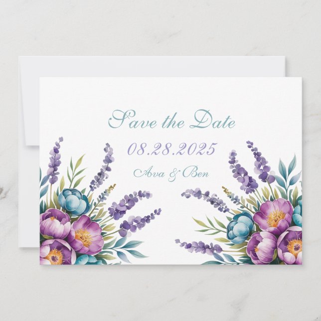 Save The Date Fleurs sauvages violettes et turquoise pour mariag (Devant)