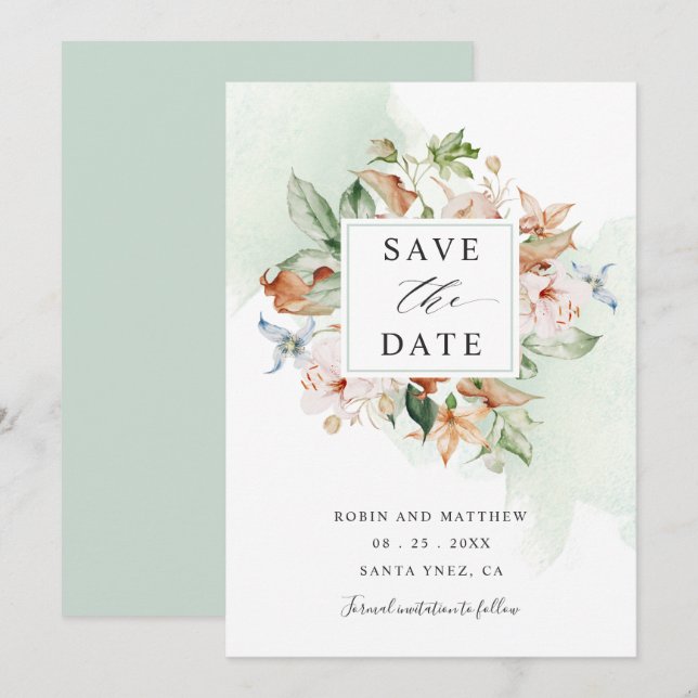 Save The Date Fleurs terrestres et Mariage floral vert Sage Écon (Devant / Derrière)