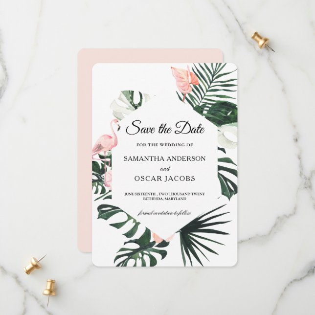 Save The Date Fleurs tropicales et beauté Flamant rose rose (Devant/Arrière en situation)