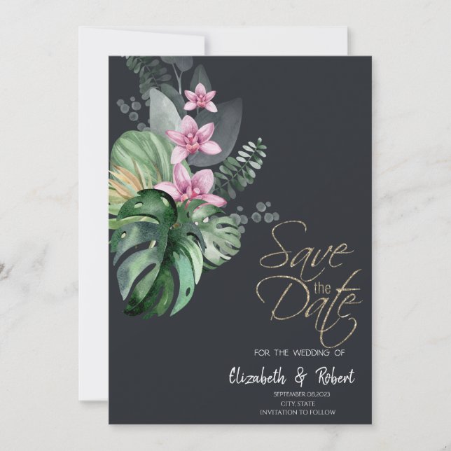 Save The Date Fleurs tropicales Sombre Enregistrer la date (Devant)