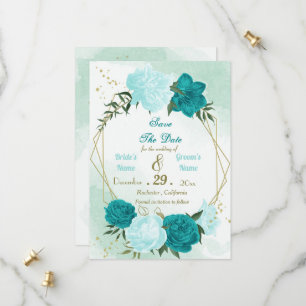 Save The Date fleurs turquoise vert feuille