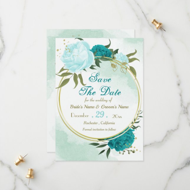 Save The Date fleurs turquoise vert feuille (Devant/Arrière en situation)