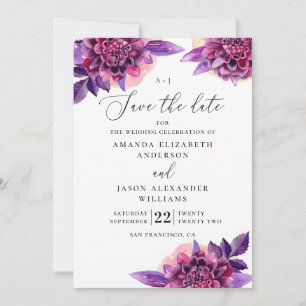Save The Date Fleurs violettes à l'aquarelle. Mariage floral élé