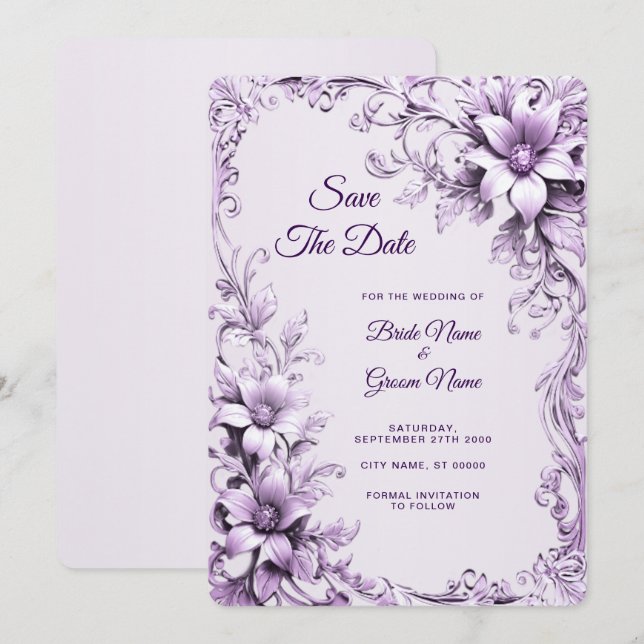 Save The Date Fleurs violettes Élégantes Enregistrer La Date (Devant / Derrière)