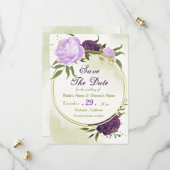 Save The Date fleurs violettes vert feuilles (Devant/Arrière en situation)