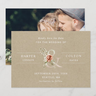 Save The Date Floral Ampersand Rustique Kraft Photo Mariage