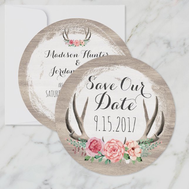 Save The Date Floral Antlers Mariage rustique | Enregistrer La D (Créateur téléchargé)