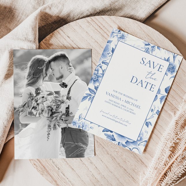 Save The Date Floral Bleu Toile Blanche De Jouy Photo (Créateur téléchargé)