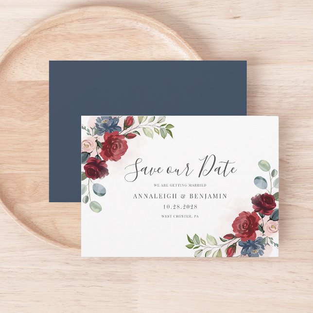 Save The Date Floral Bourgogne Aquarelle Botanique Dusty Blue (Save the Date Floral Burgundy Wedding Script Announcement Card)