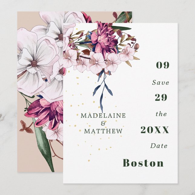 Save The Date Floral Bourgogne Or Blush Élégant Chic (Devant / Derrière)