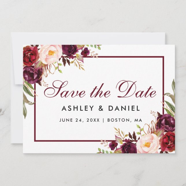 Save the Date Floral Burgundy (Vorderseite)