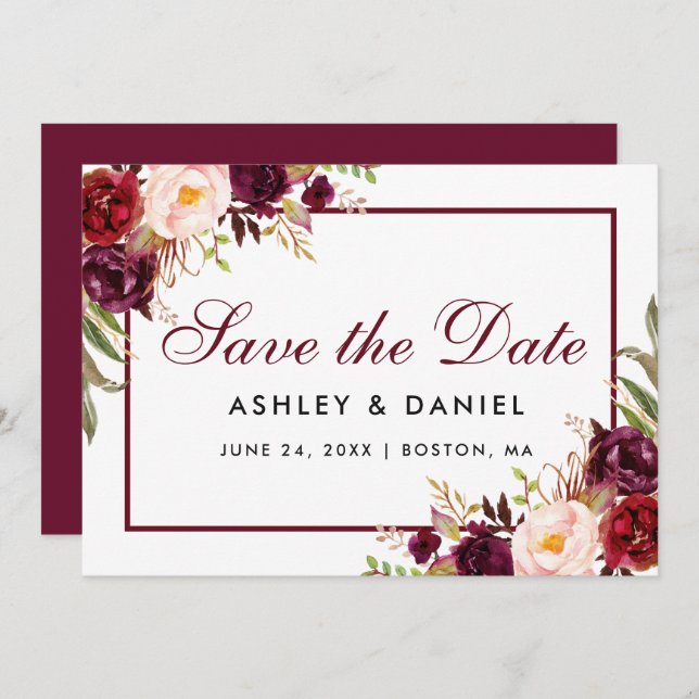 Save the Date Floral Burgundy BB (Vorne/Hinten)
